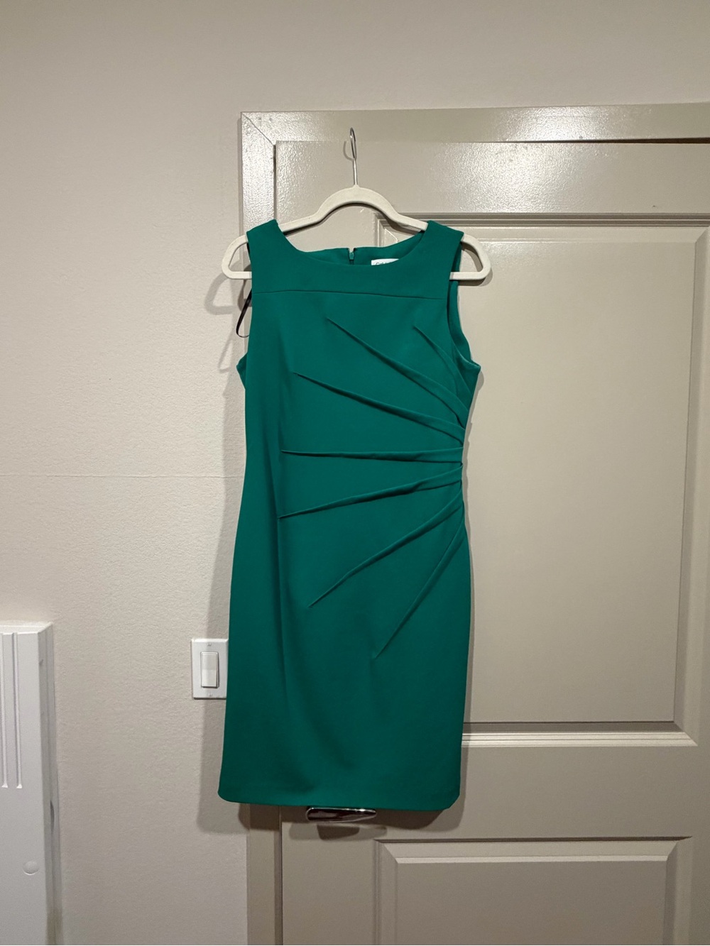 Calvin Klein Teal Sheath Dress with Asymmetric Pleats